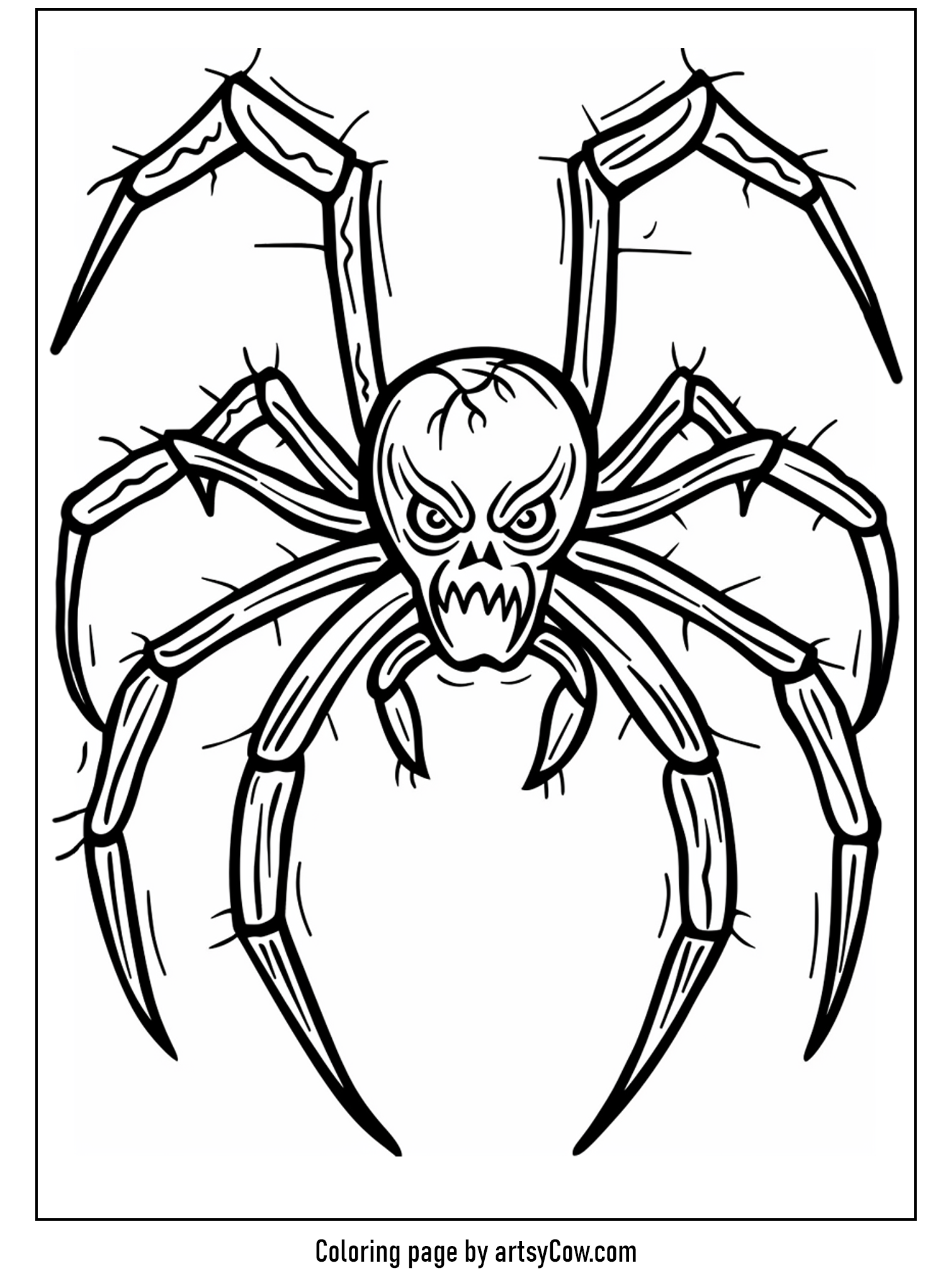 scary halloween coloring pages, a spider with a human-like face adding a chilling effect.